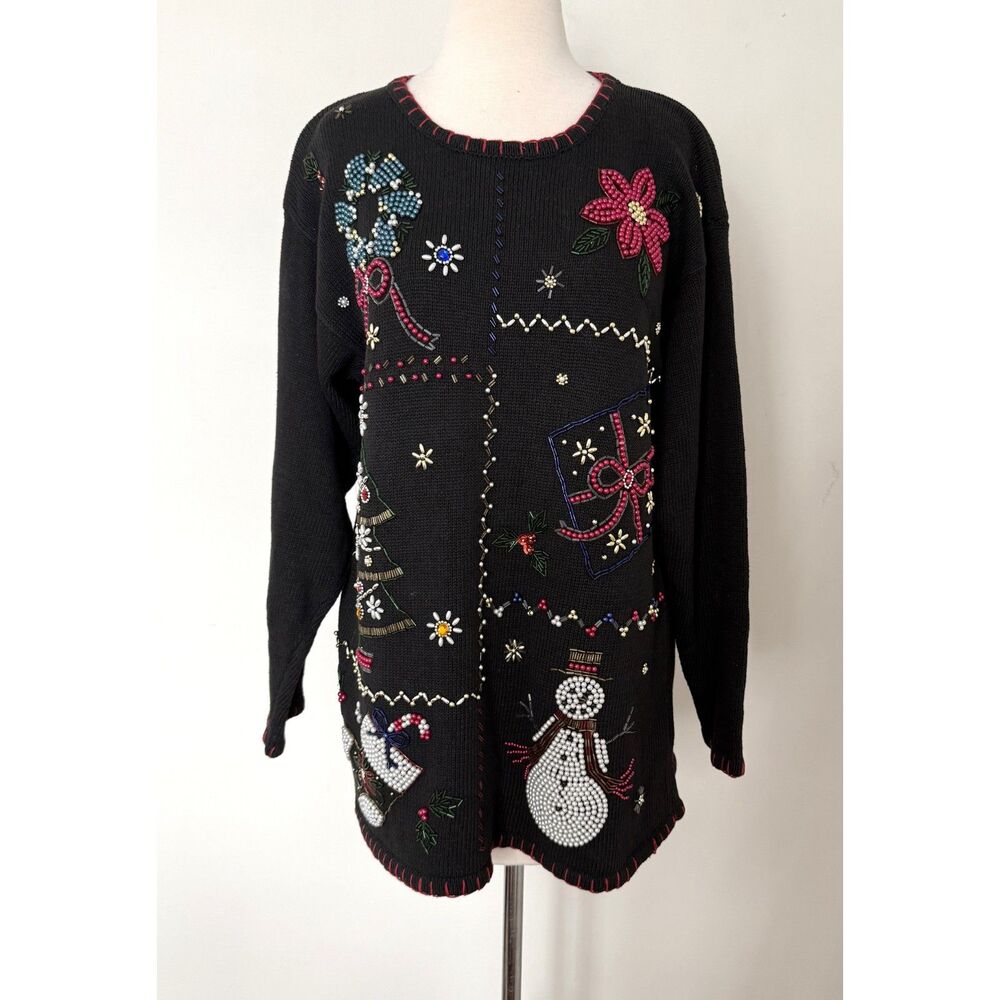 VTG Carolyn Taylor Bedazzled Christmas Snowman Beaded Festive Knit Sweater Sz M